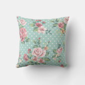 ヴィンテージのぼろぼろのシックな花のティール(緑がかった色)の白いピンクのポルカ クッション (裏面)