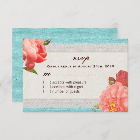 ヴィンテージのぼろぼろのシックな花柄RSVPカード 出欠カード (正面/裏面)