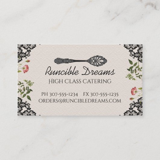 ヴィンテージのぼろぼろのシックなruncibleスプーンのシェフのケータリング 名刺 (正面)