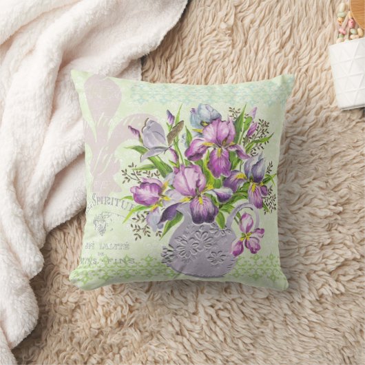 ヴィンテージのぼろぼろの紫色の花のお洒落な緑 クッション (ブランケット)