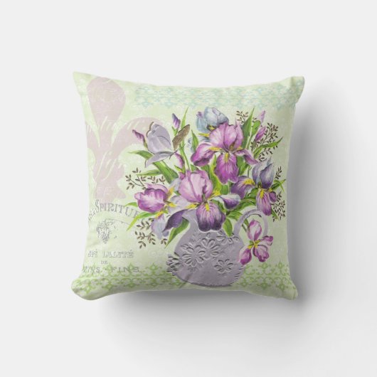 ヴィンテージのぼろぼろの紫色の花のお洒落な緑 クッション (正面)