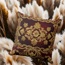 ヴィンテージのようなテクスチャー刺繍が施された赤金色のフルール・ド・リス クッション