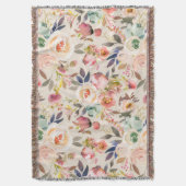ヴィンテージのアイボリーのピンクの茶色の水彩画の素朴な花柄 スローブランケット (正面縦)