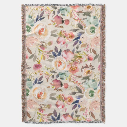 ヴィンテージのアイボリーのピンクの茶色の水彩画の素朴な花柄 スローブランケット (正面縦)