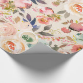 ヴィンテージのアイボリーのピンクの茶色の水彩画の素朴な花柄 ラッピングペーパー (角)