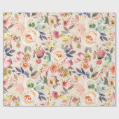 ヴィンテージのアイボリーのピンクの茶色の水彩画の素朴な花柄 ラッピングペーパー (フラット)