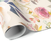 ヴィンテージのアイボリーのピンクの茶色の水彩画の素朴な花柄 ラッピングペーパー (ロールコーナー)