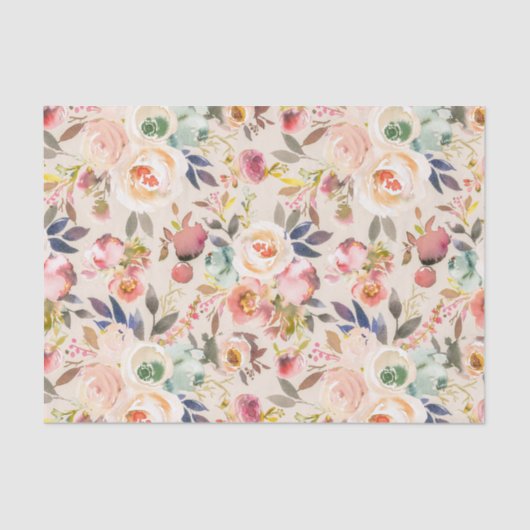 ヴィンテージのアイボリーのピンクの茶色の水彩画の素朴な花柄 薄葉紙 (正面)