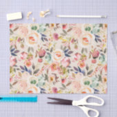 ヴィンテージのアイボリーのピンクの茶色の水彩画の素朴な花柄 薄葉紙 (クラフト)