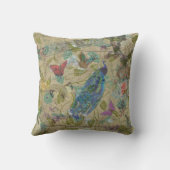 ヴィンテージのアイボリーの青緑のピンクの孔雀のコラージュ クッション (裏面)