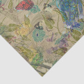 ヴィンテージのアイボリーの青緑のピンクの孔雀のコラージュ 薄葉紙 (詳細)