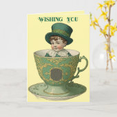 ヴィンテージのアイルランドの少年がティーカップに入ったグリーティングカード カード (黄色い花)
