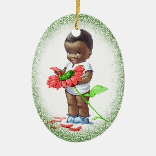 ヴィンテージのアフリカ系アメリカ人の男の子のクリスマスのオーナメント セラミックオーナメント (正面)