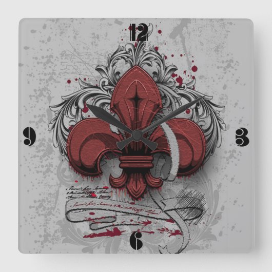 ヴィンテージのアヤメの赤い金属のグランジな効果 スクエア壁時計 (正面)