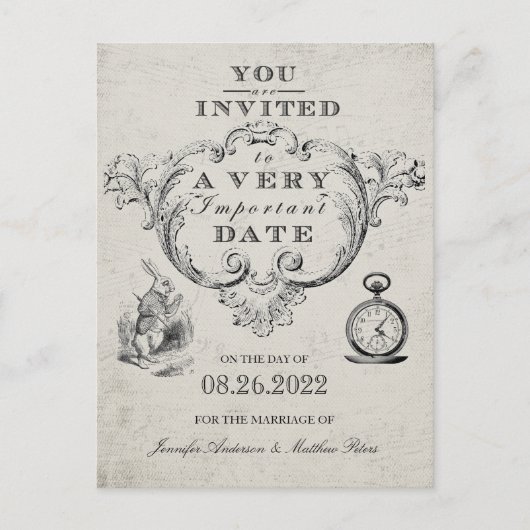 ヴィンテージのアリスWonderland Wedding Save the Date ポストカード (正面)