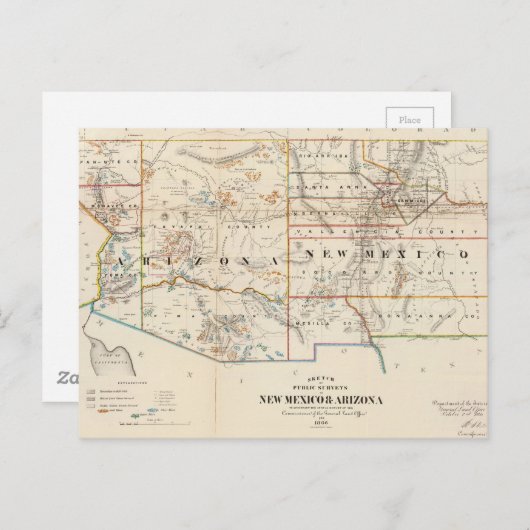 ヴィンテージのアリゾナ州とニューメキシコの地図（1866年） ポストカード (正面/裏面)