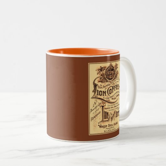 ヴィンテージのアンティークによって元通りにされるライオンのコーヒー広告 ツートーンマグカップ (正面右)