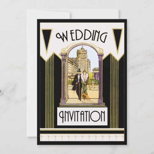 ヴィンテージのアールデコのフォーマルな結婚式のカップル 招待状 (正面)