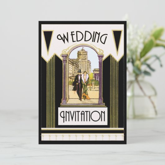 ヴィンテージのアールデコのフォーマルな結婚式のカップル 招待状 (スタンド正面)