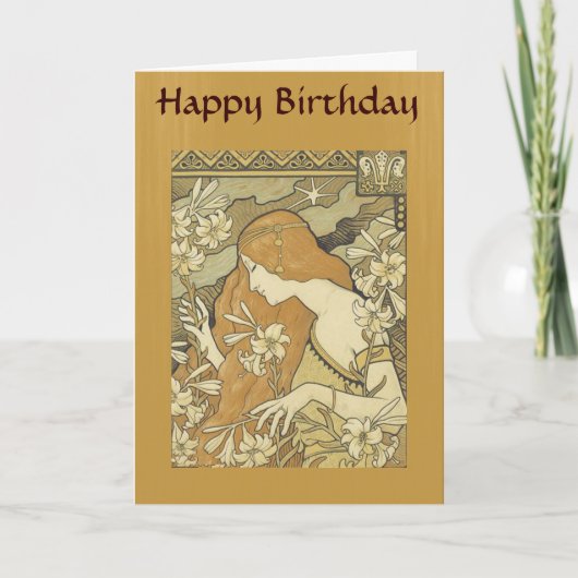 ヴィンテージのアールデコの女性Golden Hair Flowers カード (正面)