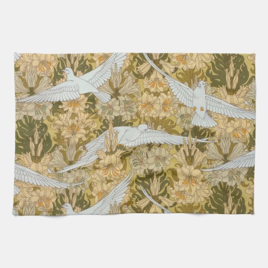 ヴィンテージのアールデコの鳩および花 キッチンタオル (横)