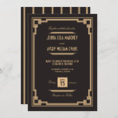 ヴィンテージのアールデコの黒および金ゴールドの結婚式招待状 招待状 (正面/裏面)