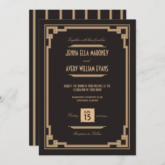 ヴィンテージのアールデコの黒および金ゴールドの結婚式招待状 招待状 (正面/裏面)