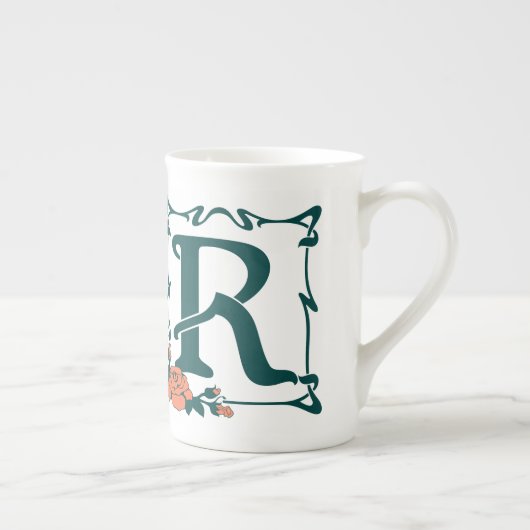 ヴィンテージのアールヌーボーのファンシーな手紙R ボーンチャイナマグカップ (右)
