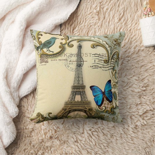 ヴィンテージのアールヌーボーの青の渦巻のパリエッフェル塔 クッション (ブランケット)