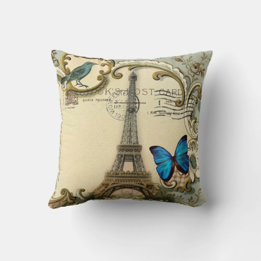 ヴィンテージのアールヌーボーの青の渦巻のパリエッフェル塔 クッション (裏面)