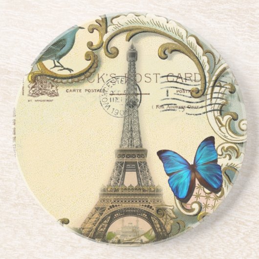ヴィンテージのアールヌーボーの青の渦巻のパリエッフェル塔 コースター (正面)