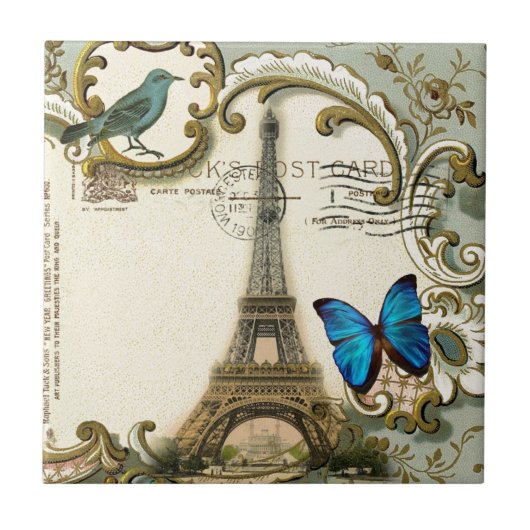 ヴィンテージのアールヌーボーの青の渦巻のパリエッフェル塔 タイル (正面)