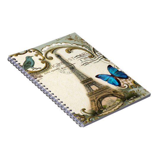 ヴィンテージのアールヌーボーの青の渦巻のパリエッフェル塔 ノートブック (右側)
