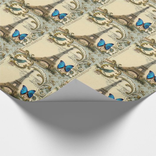 ヴィンテージのアールヌーボーの青の渦巻のパリエッフェル塔 ラッピングペーパー (角)