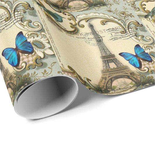 ヴィンテージのアールヌーボーの青の渦巻のパリエッフェル塔 ラッピングペーパー (ロールコーナー)