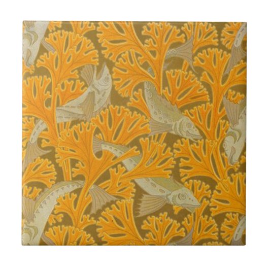 ヴィンテージのアール・デコの魚および黄色い珊瑚のデザイン タイル (正面)