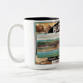 ヴィンテージのイギリスブラックプールの海岸広告 ツートーンマグカップ (左)