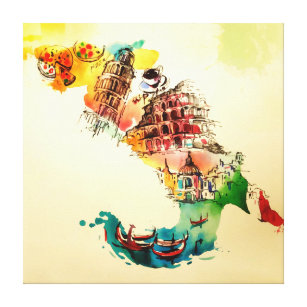ヴィンテージのイタリアの地図都市旅行愛水彩画 キャンバスプリント