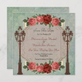 ヴィンテージのイタリアンな街灯及びバラは日付を救います セーブザデート (正面/裏面)