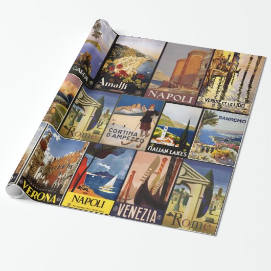 ヴィンテージのイタリア旅行ポスターコラージュのギフト用包装紙 ラッピングペーパー (アンロールド)