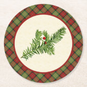 ヴィンテージのイチイ材の素朴なクリスマスの格子縞 ラウンドペーパーコースター (正面)