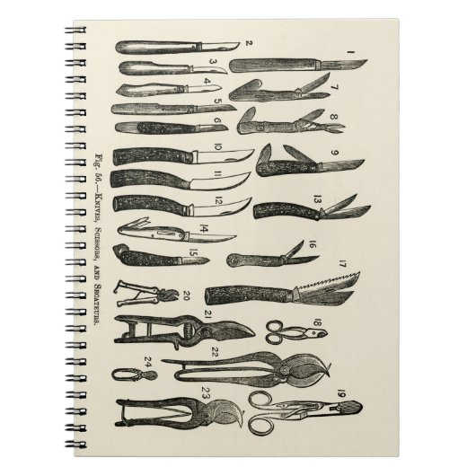 ヴィンテージのイラストレーションナイフ，はさみ，セクタール ノートブック (正面)