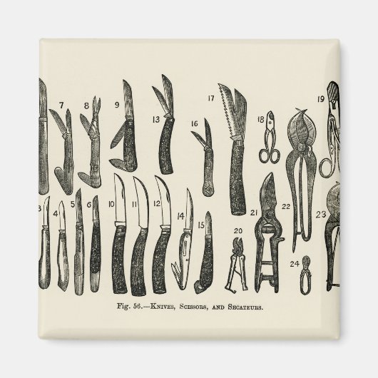 ヴィンテージのイラストレーションナイフ，はさみ，セクタール マグネット (正面)