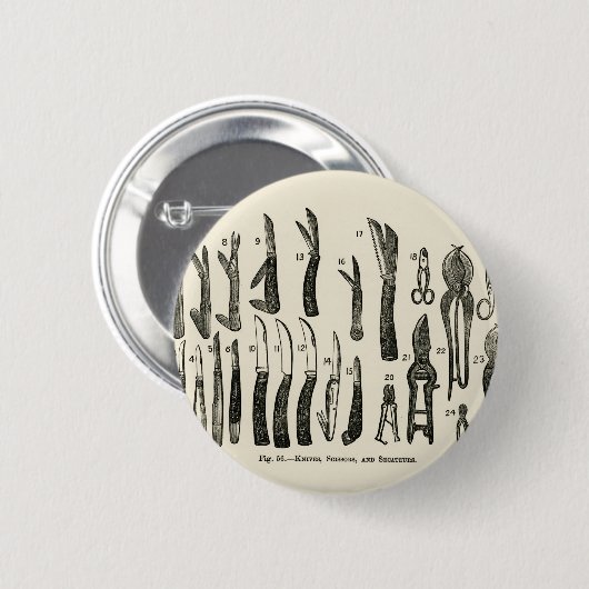 ヴィンテージのイラストレーションナイフ,はさみ,セクタール 缶バッジ (正面&裏面)