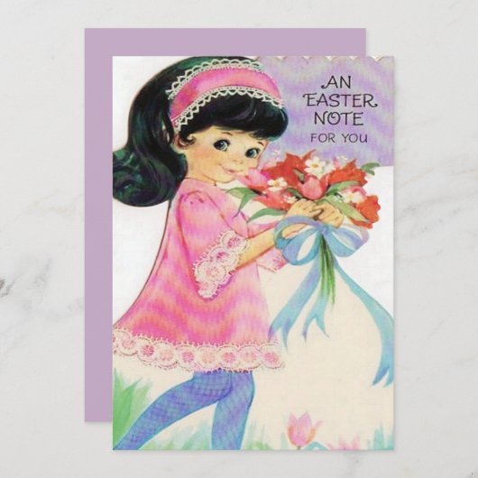 ヴィンテージのイースターかわいいレトロの女の子はメッセージを加えます シーズンカード (正面/裏面)