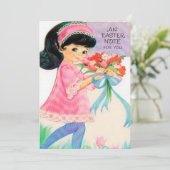 ヴィンテージのイースターかわいいレトロの女の子はメッセージを加えます シーズンカード (スタンド正面)