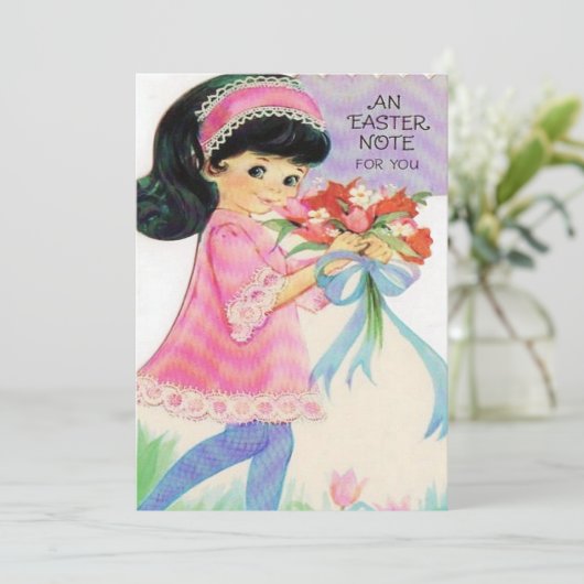 ヴィンテージのイースターかわいいレトロの女の子はメッセージを加えます シーズンカード (スタンド正面)