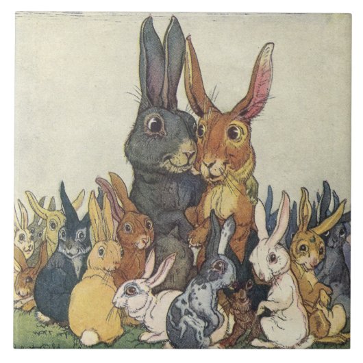 ヴィンテージのイースターのウサギウサギおよび家族6"タイル タイル (正面)