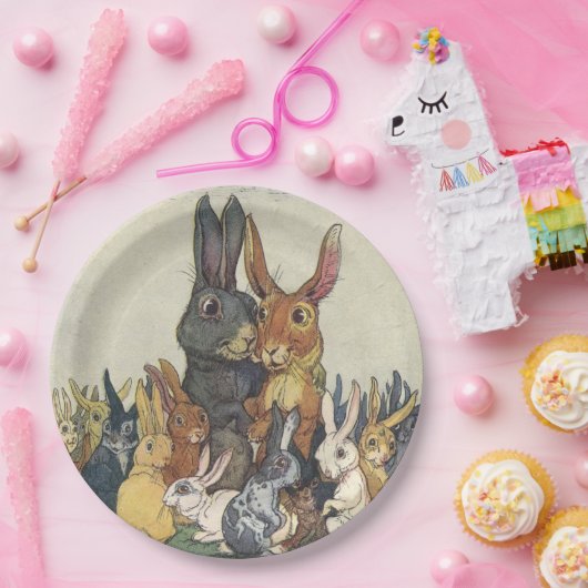 ヴィンテージのイースターのウサギ家族 ペーパープレート (パーティー)