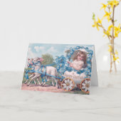 ヴィンテージのイースターイラスト - 少女と羊 カード (黄色い花)